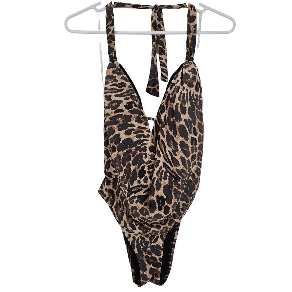 Bar III Womans size S Cowlneck One Piece Swimsuit in Beach Cheetah Halter NEW